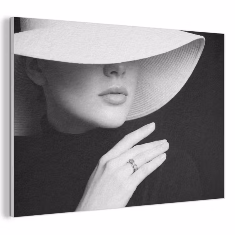 Akoestisch schilderij - Vrouw - Hoed - Hand - Zwart - Wit - Klassiek — 1
