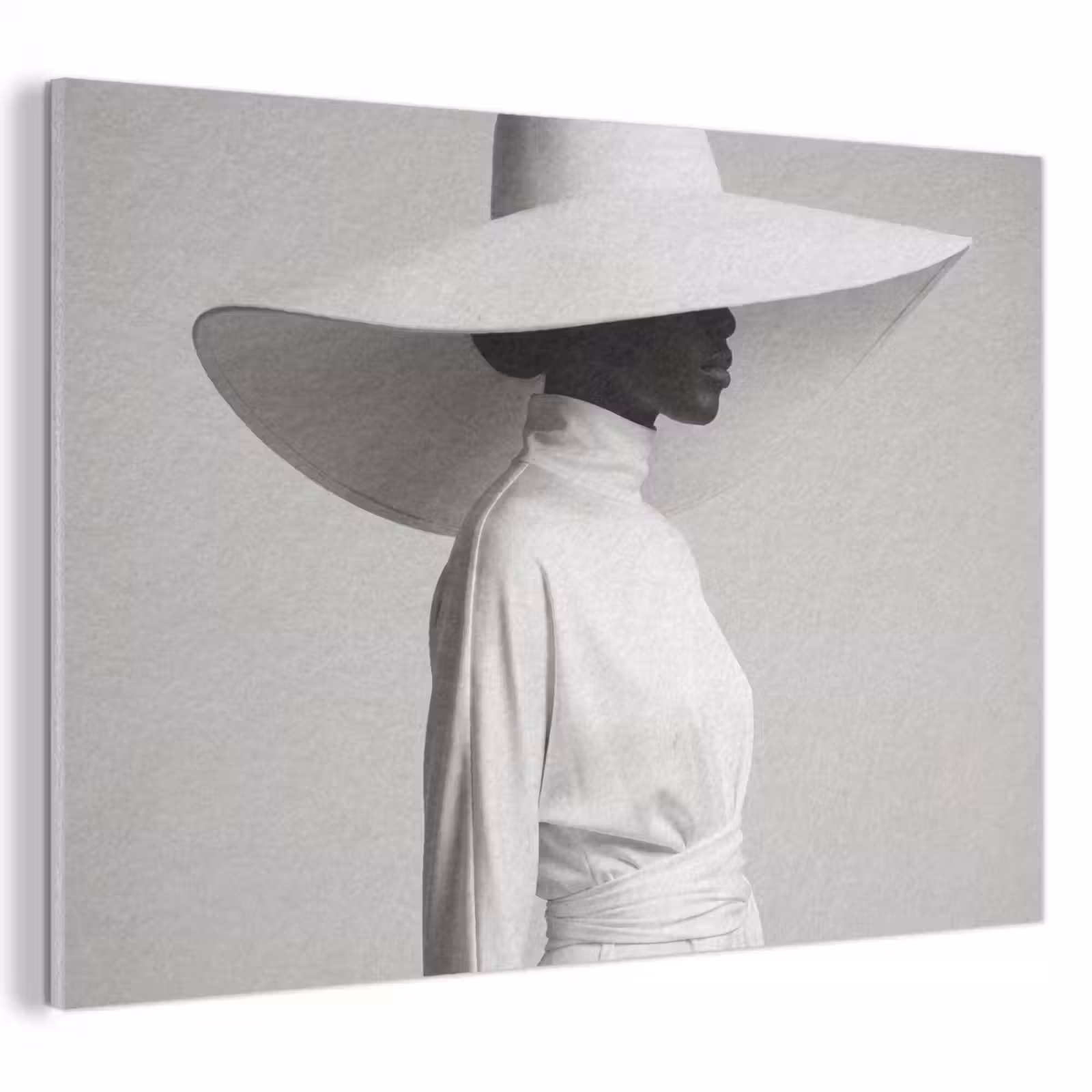 Akoestisch schilderij - Vrouw - Profiel - Hoed - Zwart - Wit - Minimalistisch — 1