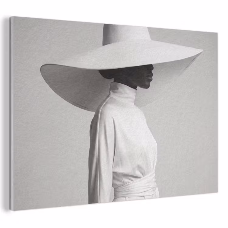 Akoestisch schilderij - Vrouw - Profiel - Hoed - Zwart - Wit - Minimalistisch — 1