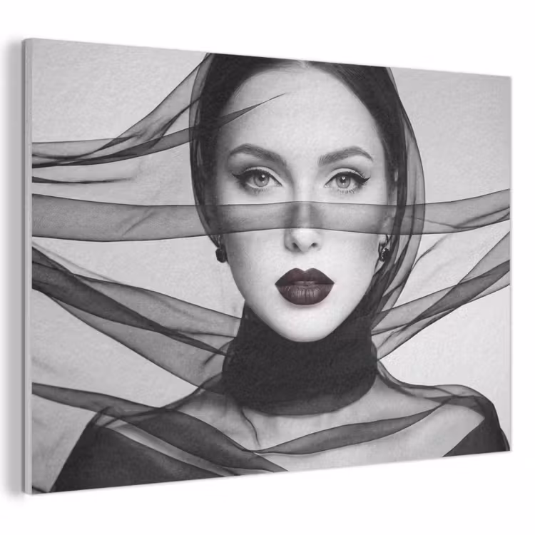 Akoestisch schilderij - Vrouw - Sluier - Portret - Zwart - Wit - Elegant — 1