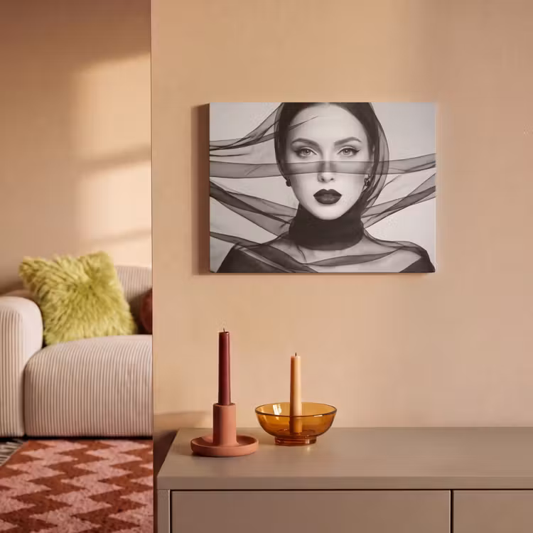Akoestisch schilderij - Vrouw - Sluier - Portret - Zwart - Wit - Elegant — 2