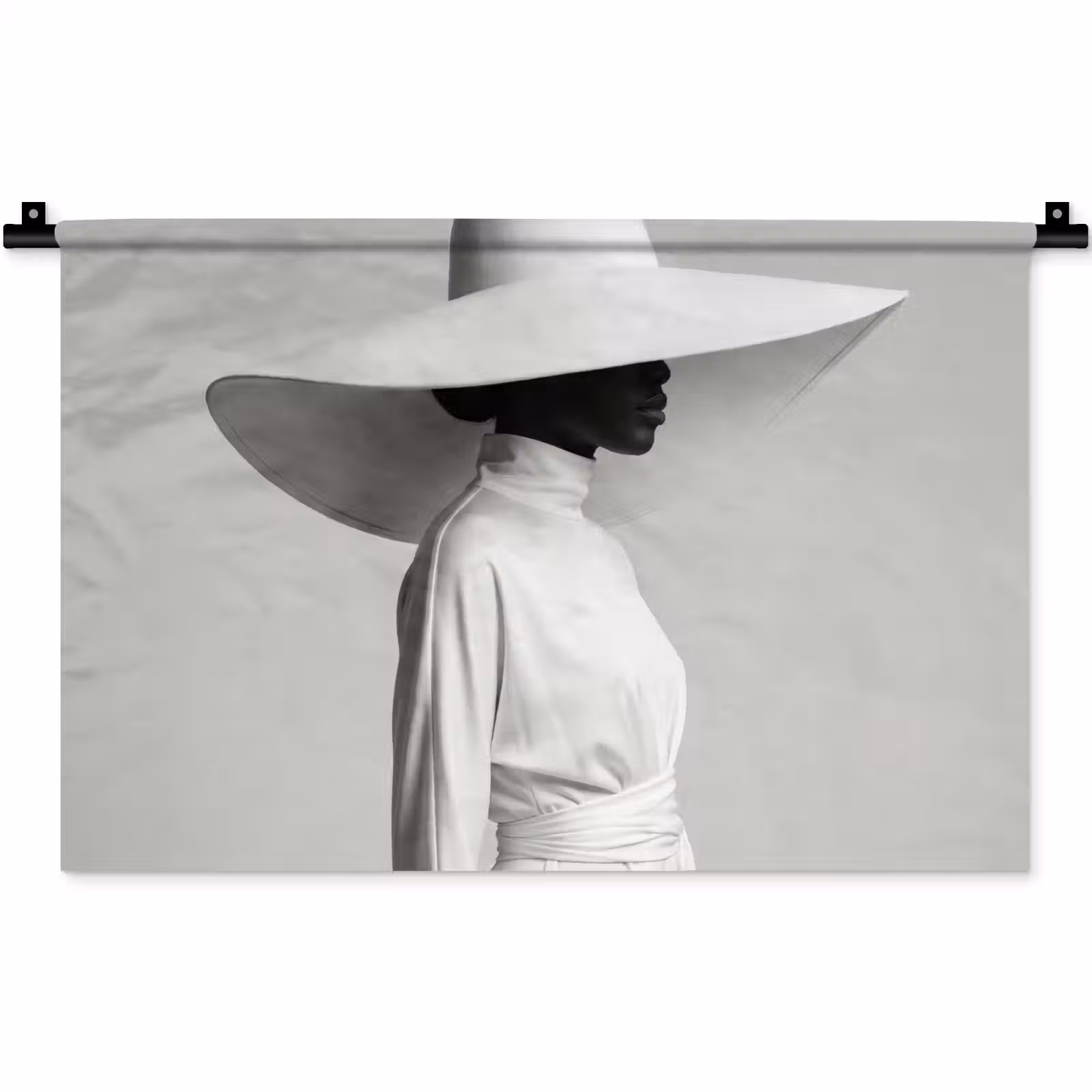 Wandkleed - Vrouw - Profiel - Hoed - Zwart - Wit - Minimalistisch — 1