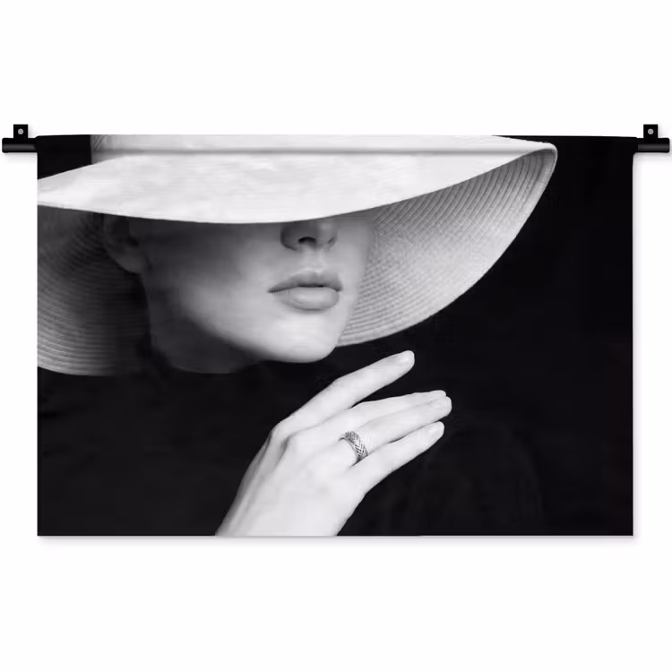 Wandkleed - Vrouw - Hoed - Hand - Zwart - Wit - Klassiek — 1