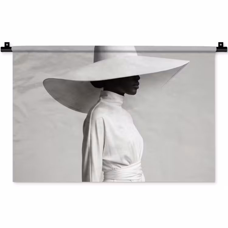 Wandkleed - Vrouw - Profiel - Hoed - Zwart - Wit - Minimalistisch — 1