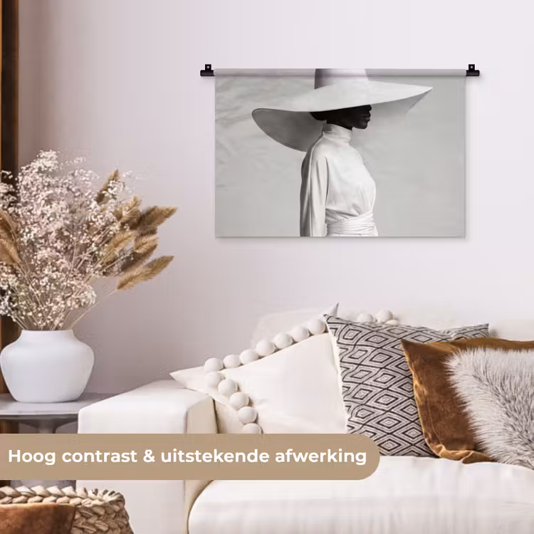 Wandkleed - Vrouw - Profiel - Hoed - Zwart - Wit - Minimalistisch — 4