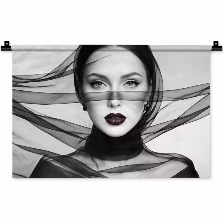 Wandkleed - Vrouw - Sluier - Portret - Zwart - Wit - Elegant — 1