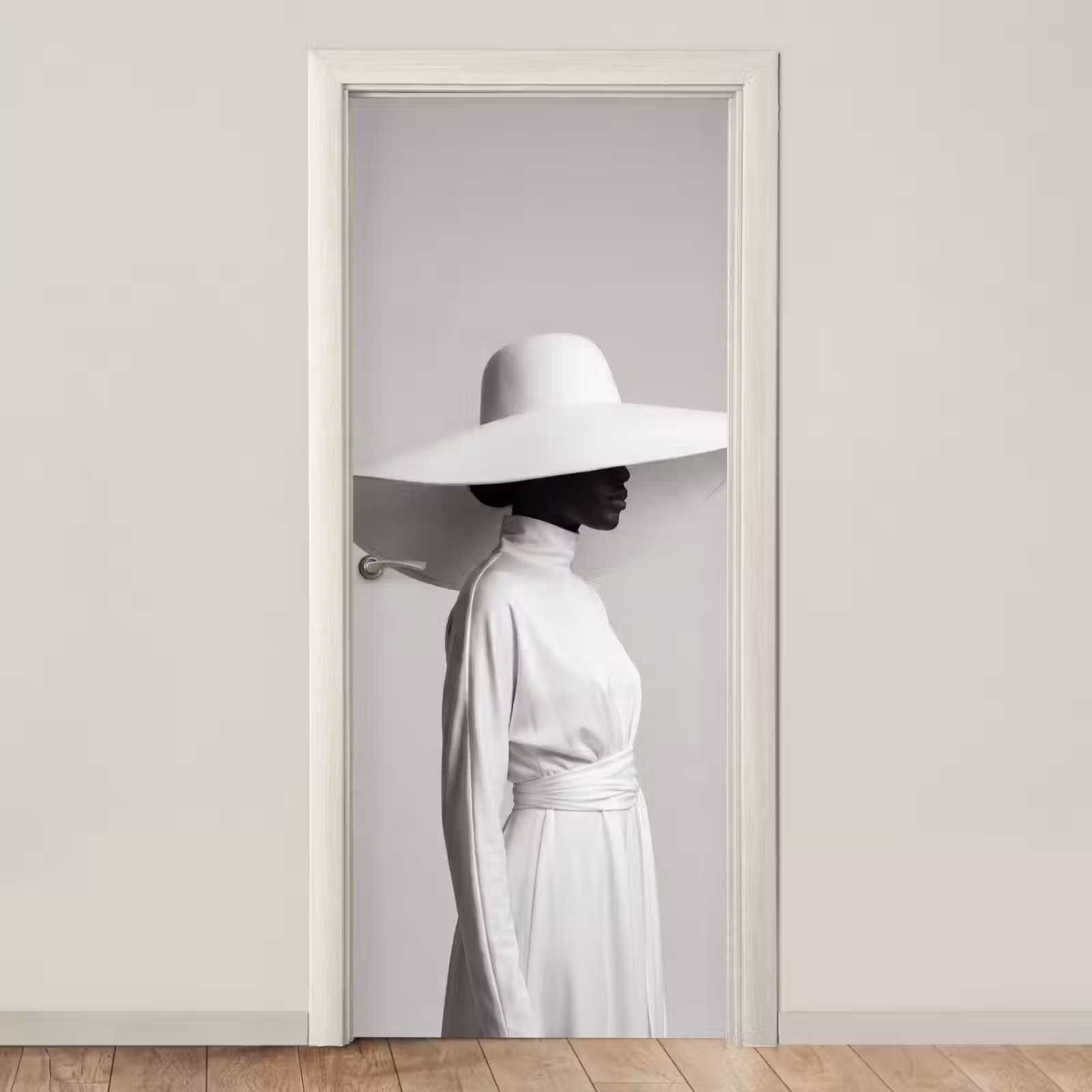 Deursticker - Vrouw - Profiel - Hoed - Zwart - Wit - Minimalistisch — 1