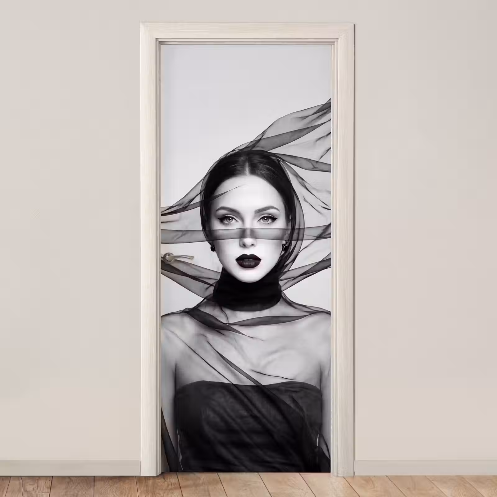 Deursticker - Vrouw - Sluier - Portret - Zwart - Wit - Elegant — 1