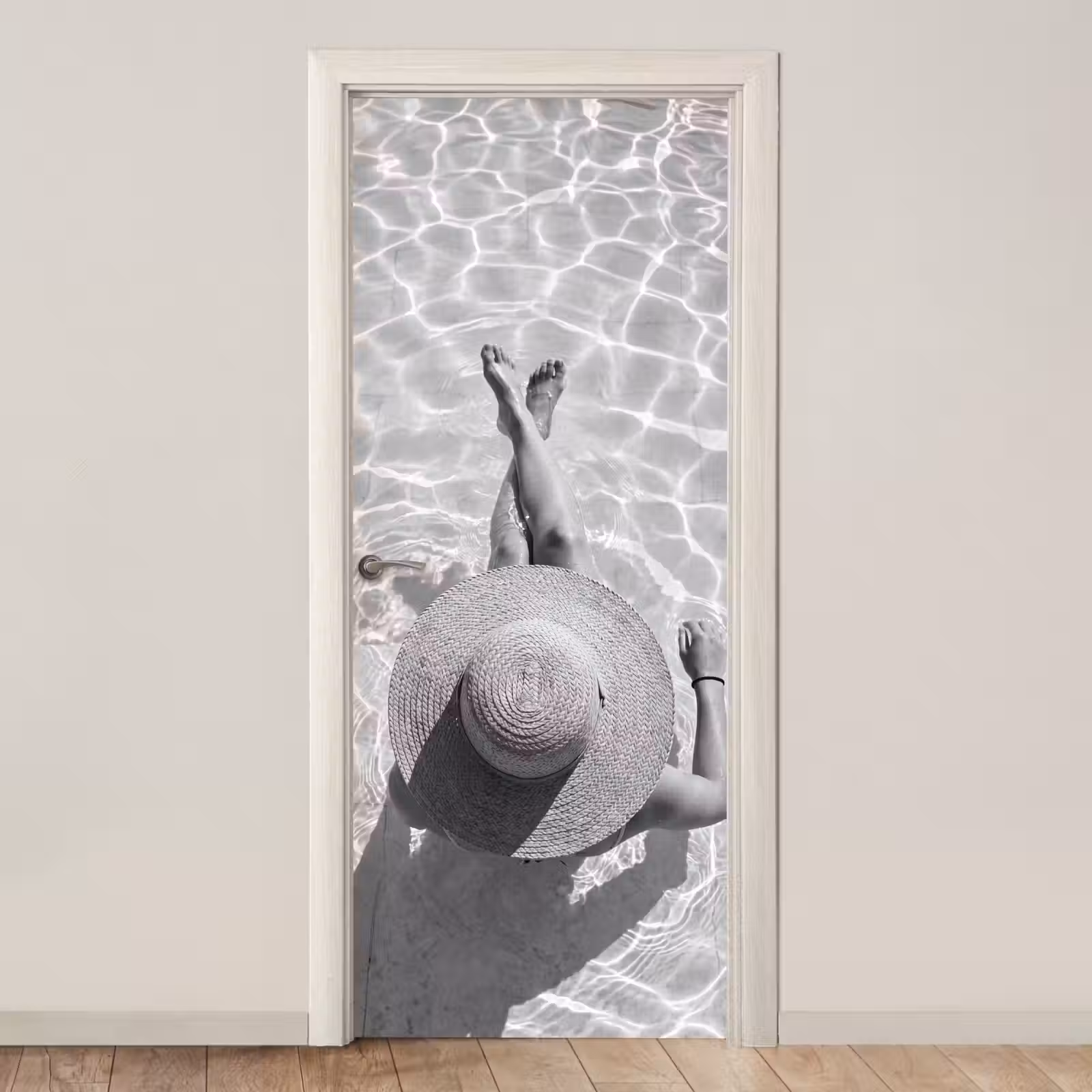 Deursticker - Zwembad - Hoed - Water - Zwart - Wit - Zomers — 1