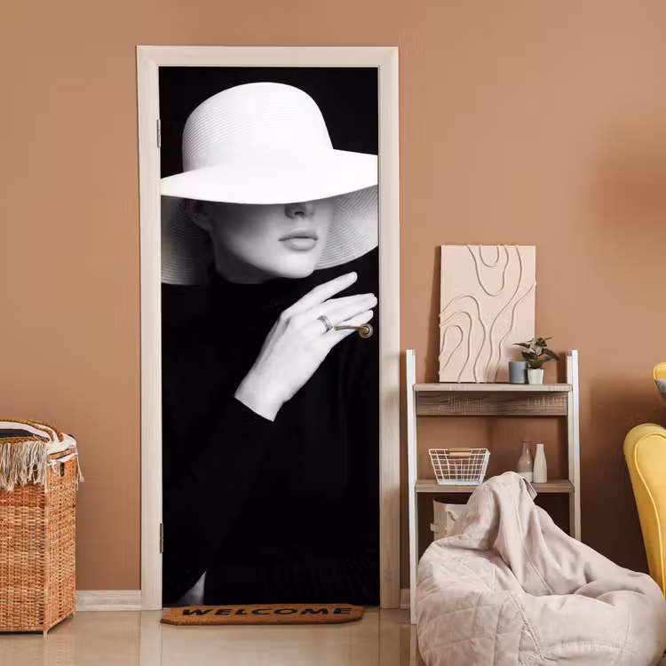 Deursticker - Vrouw - Hoed - Hand - Zwart - Wit - Klassiek — 2
