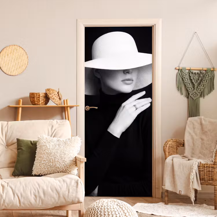 Deursticker - Vrouw - Hoed - Hand - Zwart - Wit - Klassiek — 4