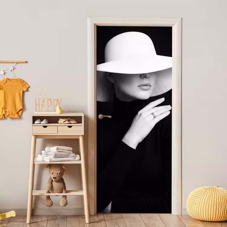 Deursticker - Vrouw - Hoed - Hand - Zwart - Wit - Klassiek — 6