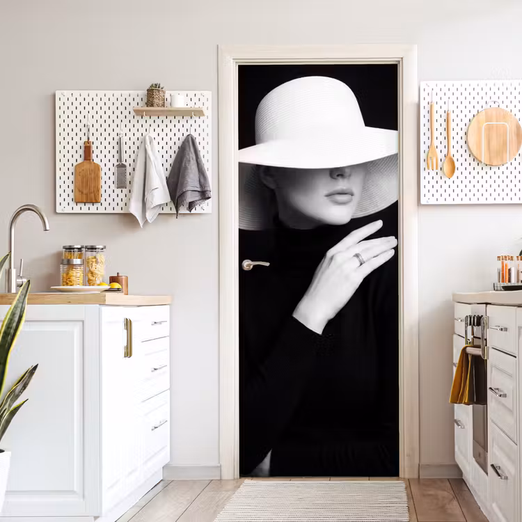 Deursticker - Vrouw - Hoed - Hand - Zwart - Wit - Klassiek — 7