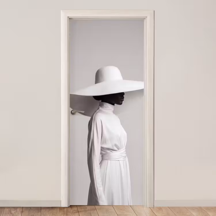 Deursticker - Vrouw - Profiel - Hoed - Zwart - Wit - Minimalistisch — 1