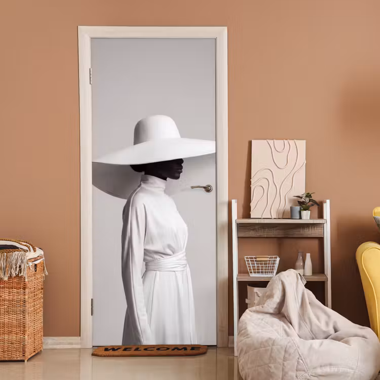 Deursticker - Vrouw - Profiel - Hoed - Zwart - Wit - Minimalistisch — 2