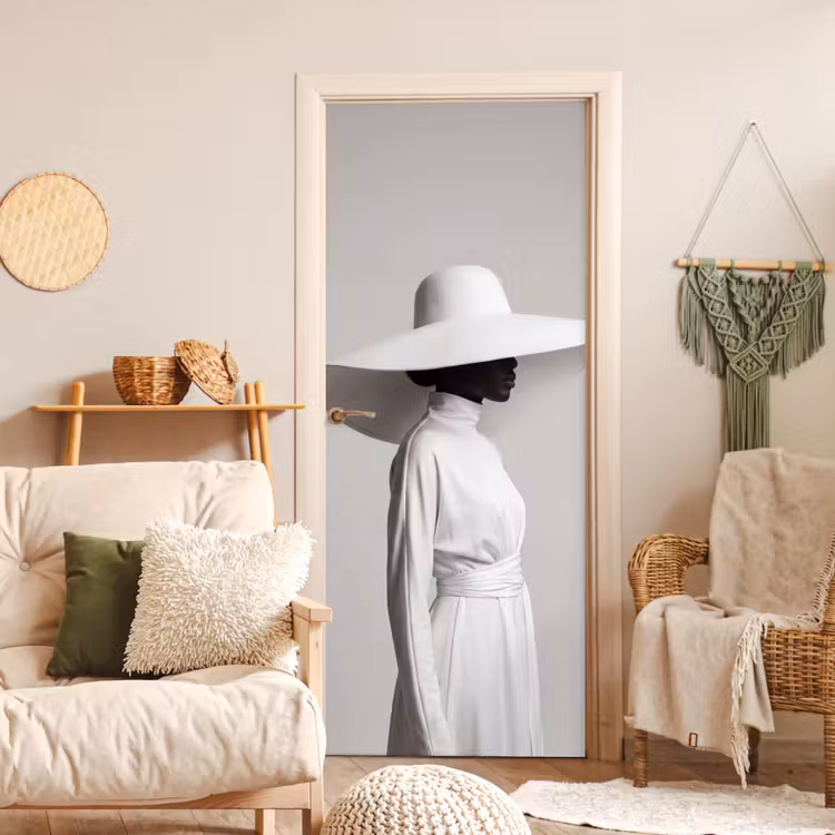 Deursticker - Vrouw - Profiel - Hoed - Zwart - Wit - Minimalistisch — 4