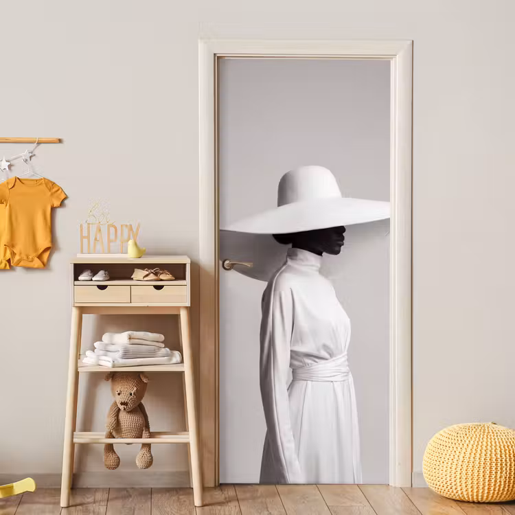 Deursticker - Vrouw - Profiel - Hoed - Zwart - Wit - Minimalistisch — 6