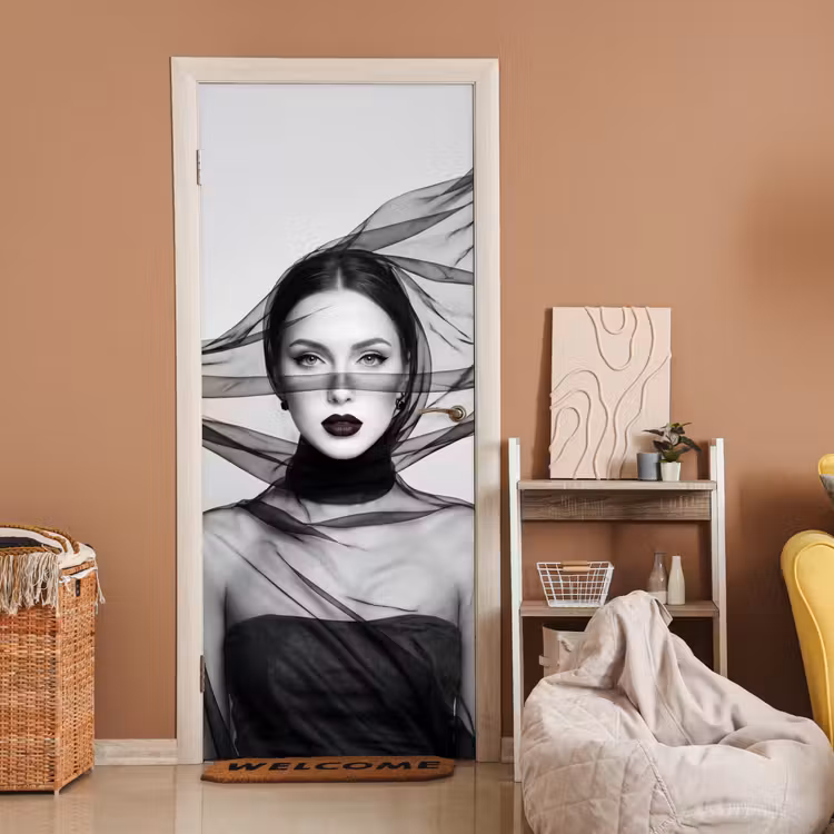 Deursticker - Vrouw - Sluier - Portret - Zwart - Wit - Elegant — 2