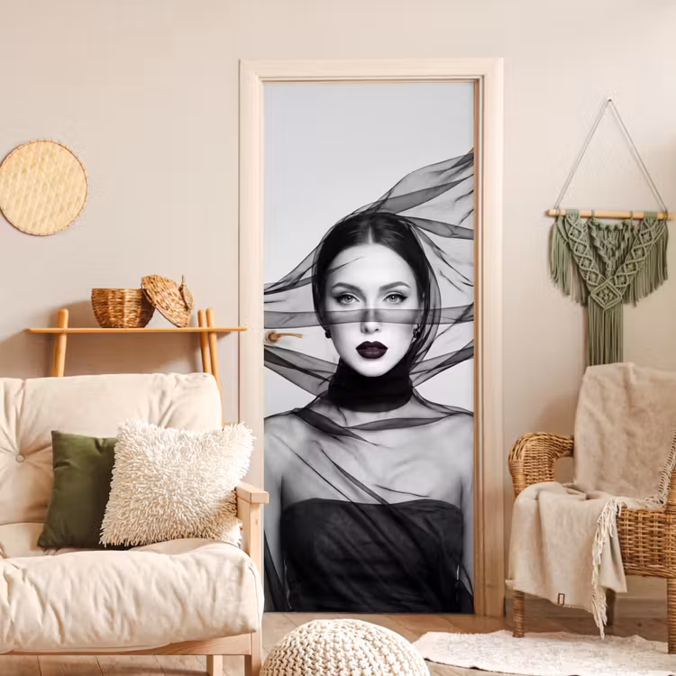 Deursticker - Vrouw - Sluier - Portret - Zwart - Wit - Elegant — 4