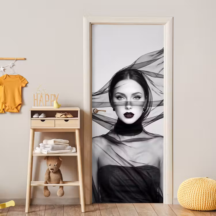 Deursticker - Vrouw - Sluier - Portret - Zwart - Wit - Elegant — 6