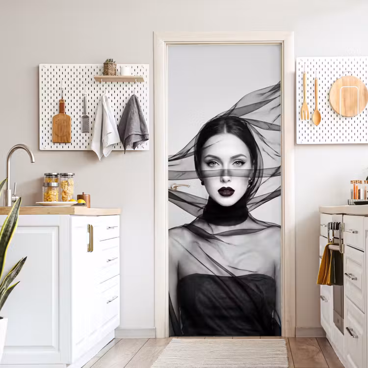 Deursticker - Vrouw - Sluier - Portret - Zwart - Wit - Elegant — 7