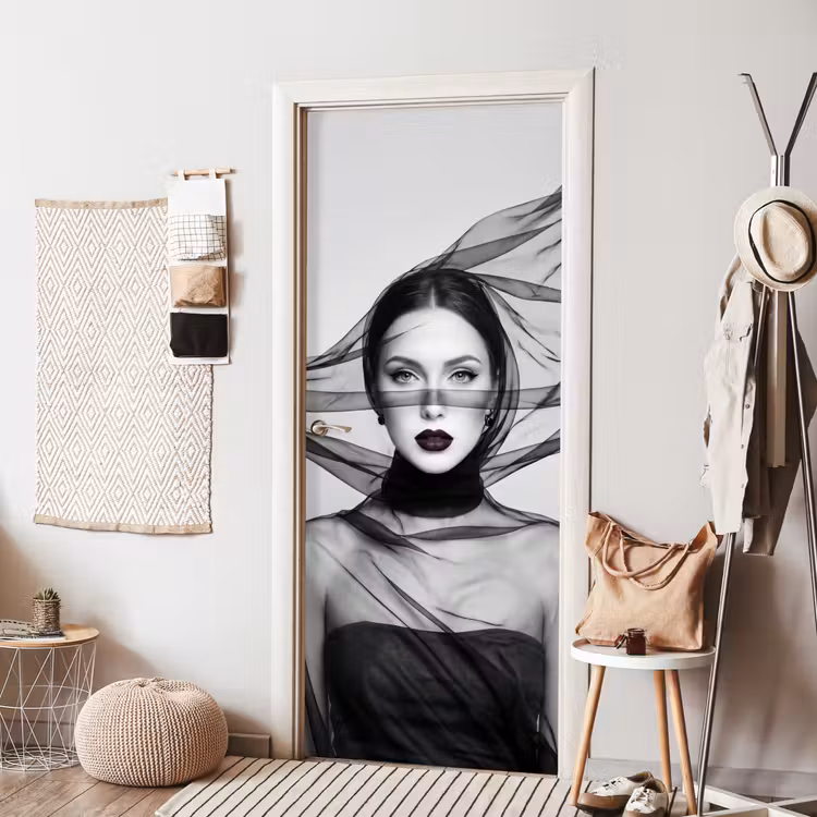 Deursticker - Vrouw - Sluier - Portret - Zwart - Wit - Elegant — 8