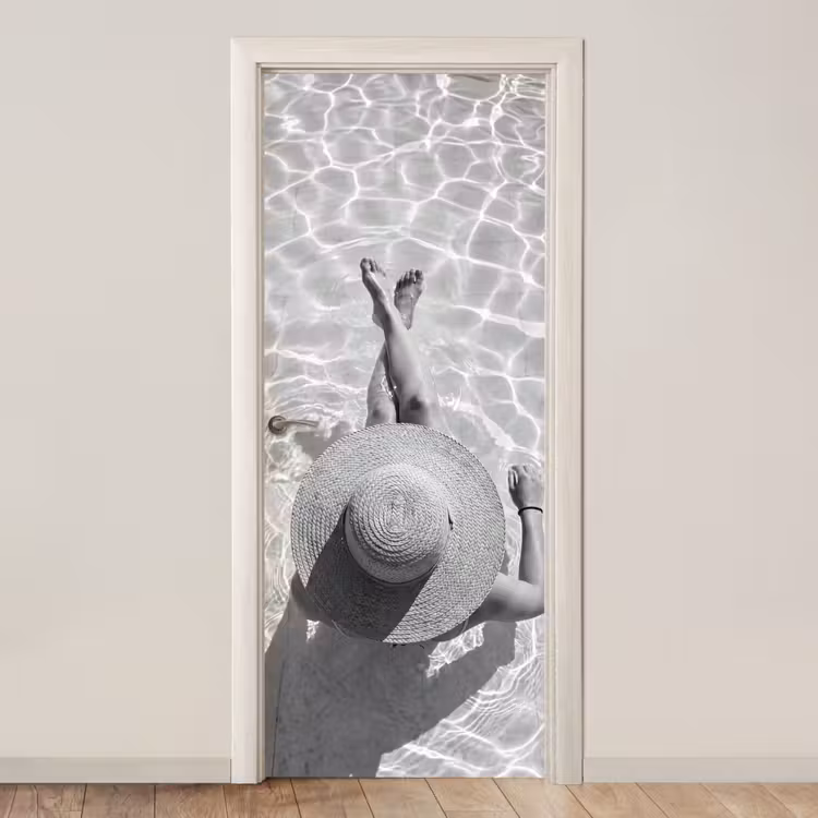 Deursticker - Zwembad - Hoed - Water - Zwart - Wit - Zomers — 1