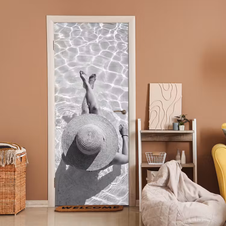 Deursticker - Zwembad - Hoed - Water - Zwart - Wit - Zomers — 2