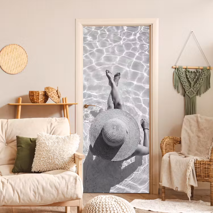 Deursticker - Zwembad - Hoed - Water - Zwart - Wit - Zomers — 4