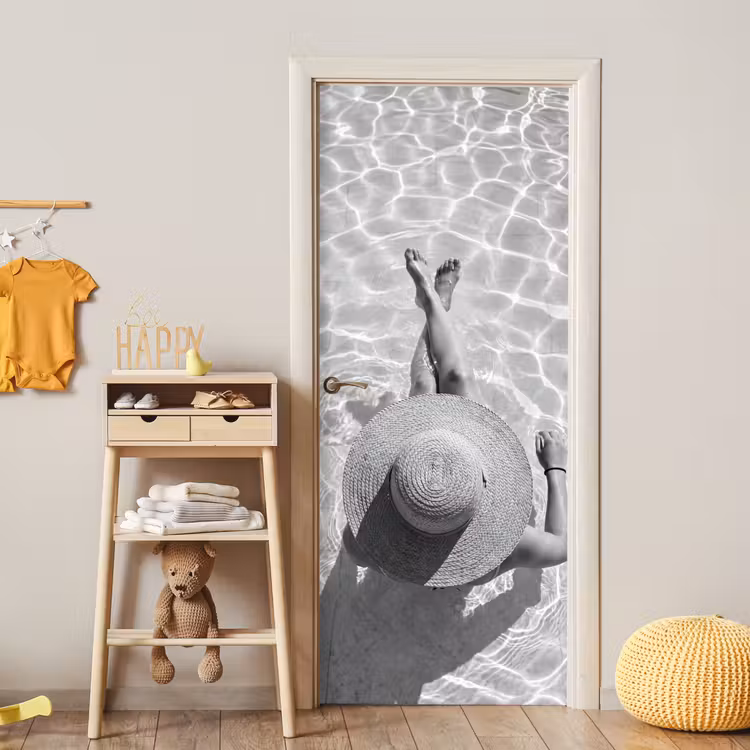 Deursticker - Zwembad - Hoed - Water - Zwart - Wit - Zomers — 6