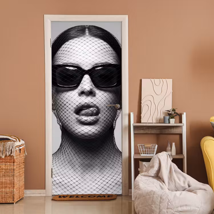 Deursticker - Vrouw - Net - Mysterieus - Zwart - Wit — 2
