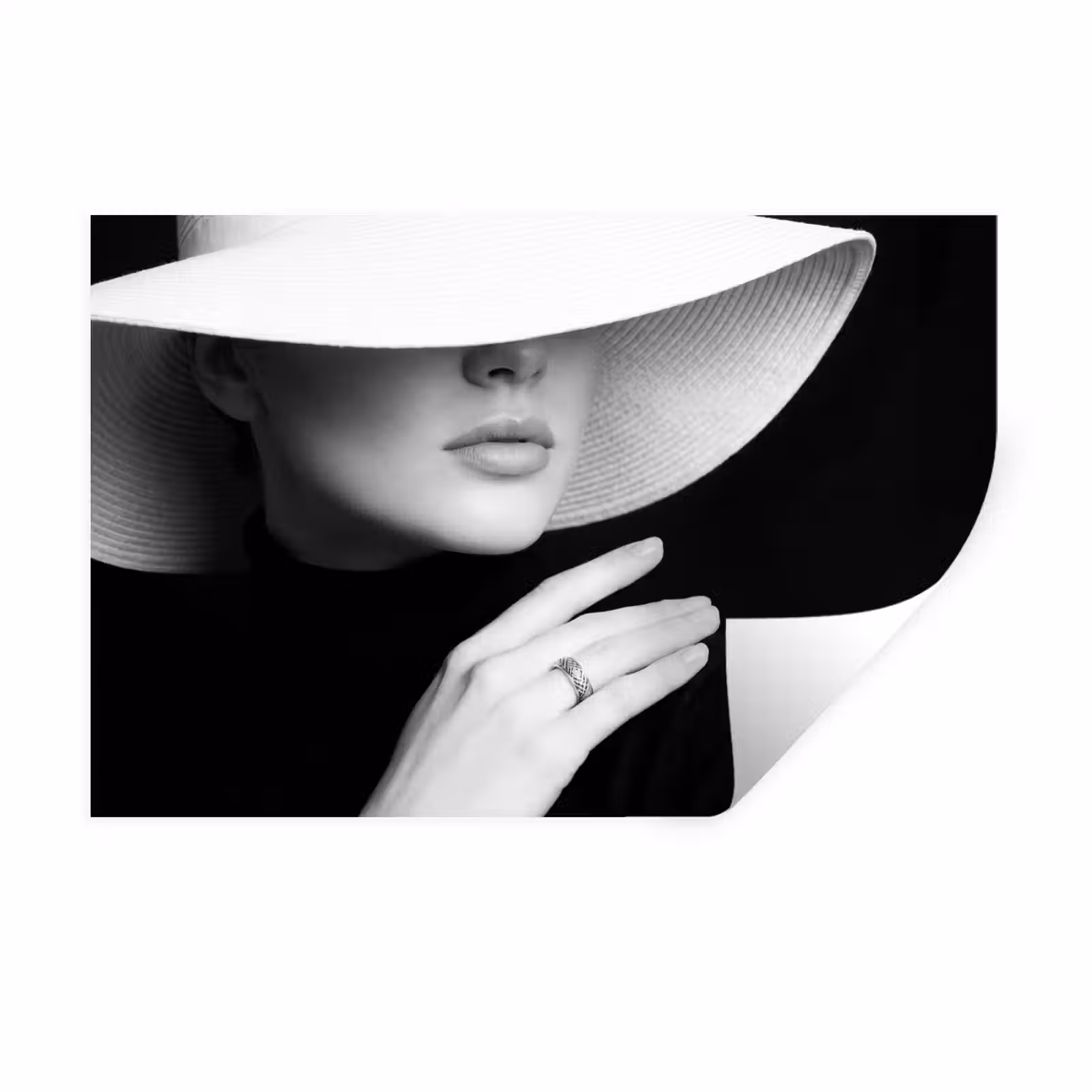 Muursticker - Vrouw - Hoed - Hand - Zwart - Wit - Klassiek — 1