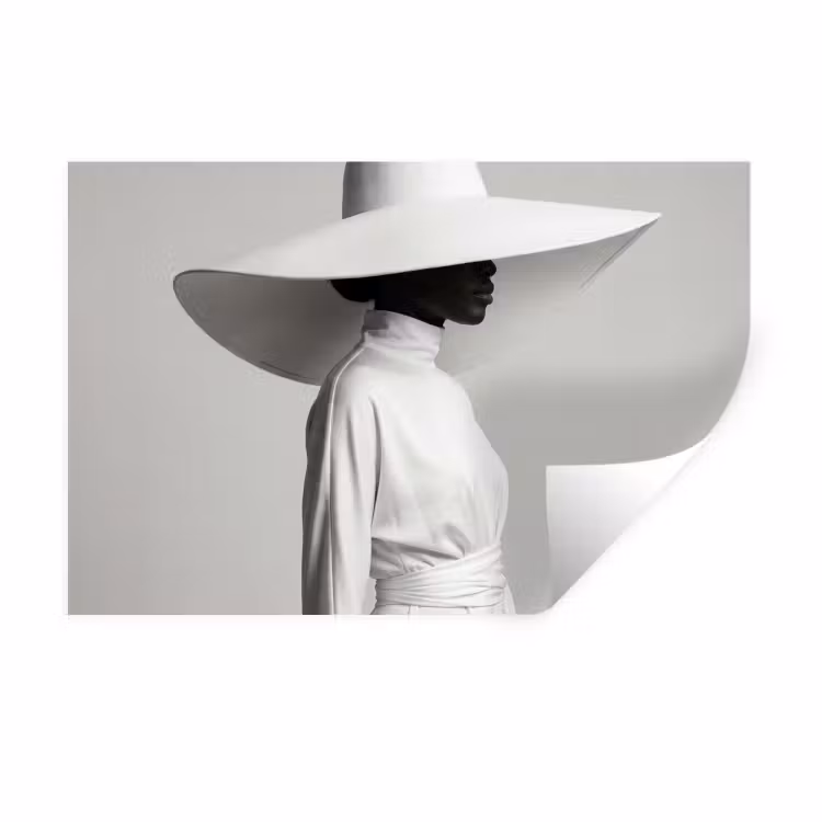 Muursticker - Vrouw - Profiel - Hoed - Zwart - Wit - Minimalistisch — 1
