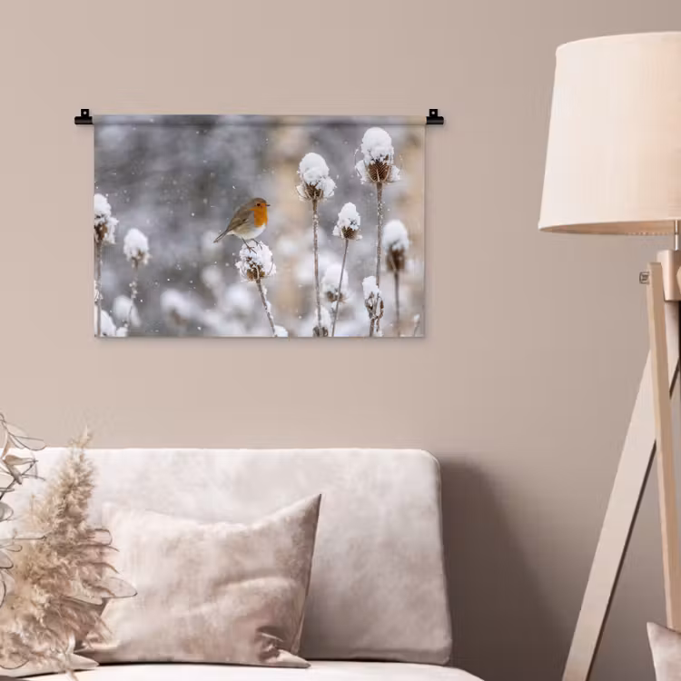 Wandkleed - Roodborstje - Gedroogde bloem - Sneeuw - Winter - Vertederend — 2