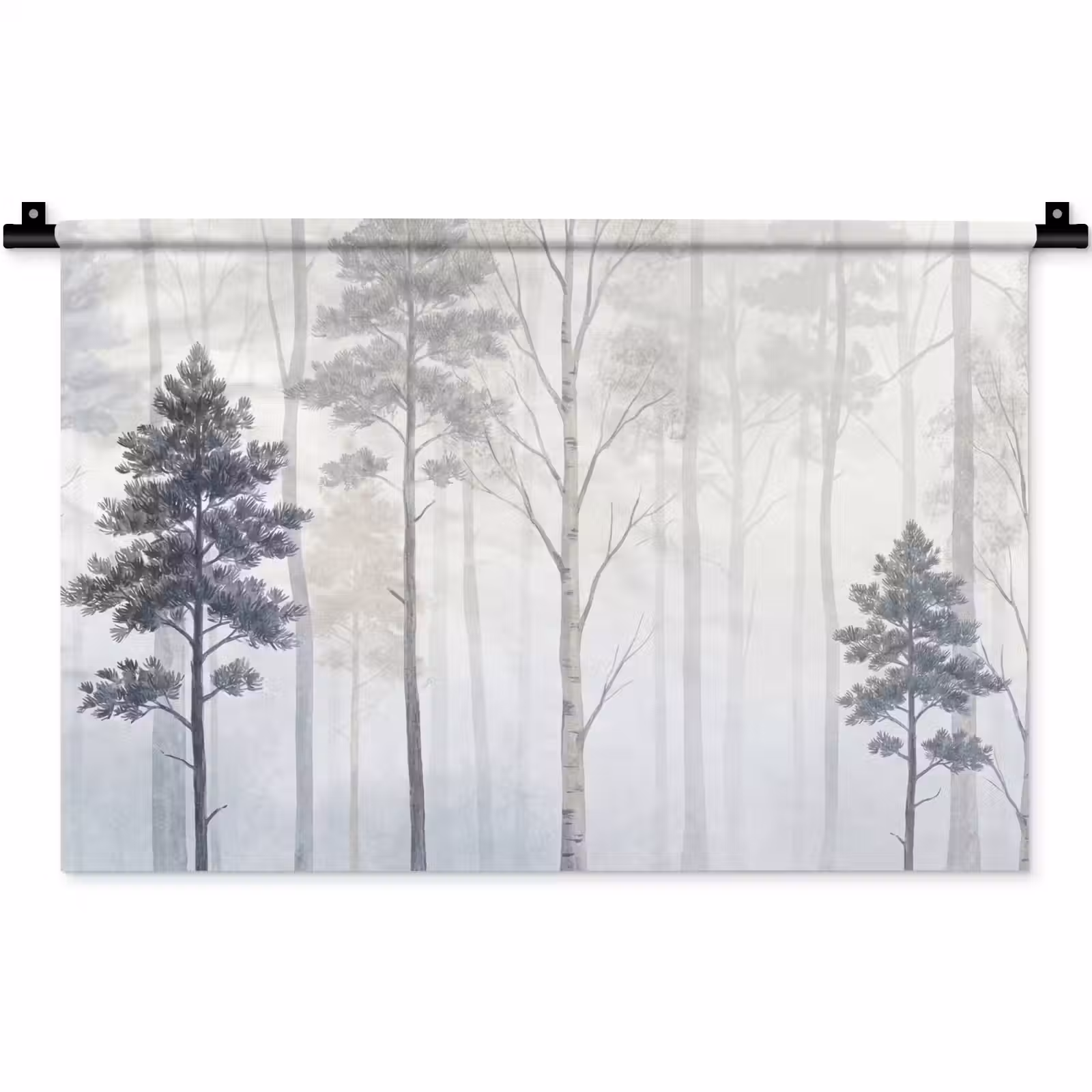 Wandkleed - Bos - Bomen - Mist - Natuur - Illustratie - Grijs — 1
