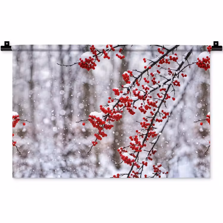 Wandkleed - Bessen - Takken - Sneeuw - Winter - Kleurrijk — 1