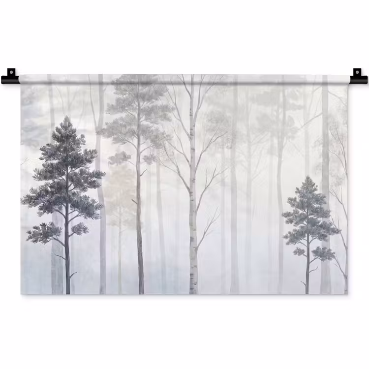 Wandkleed - Bos - Bomen - Mist - Natuur - Illustratie - Grijs — 1