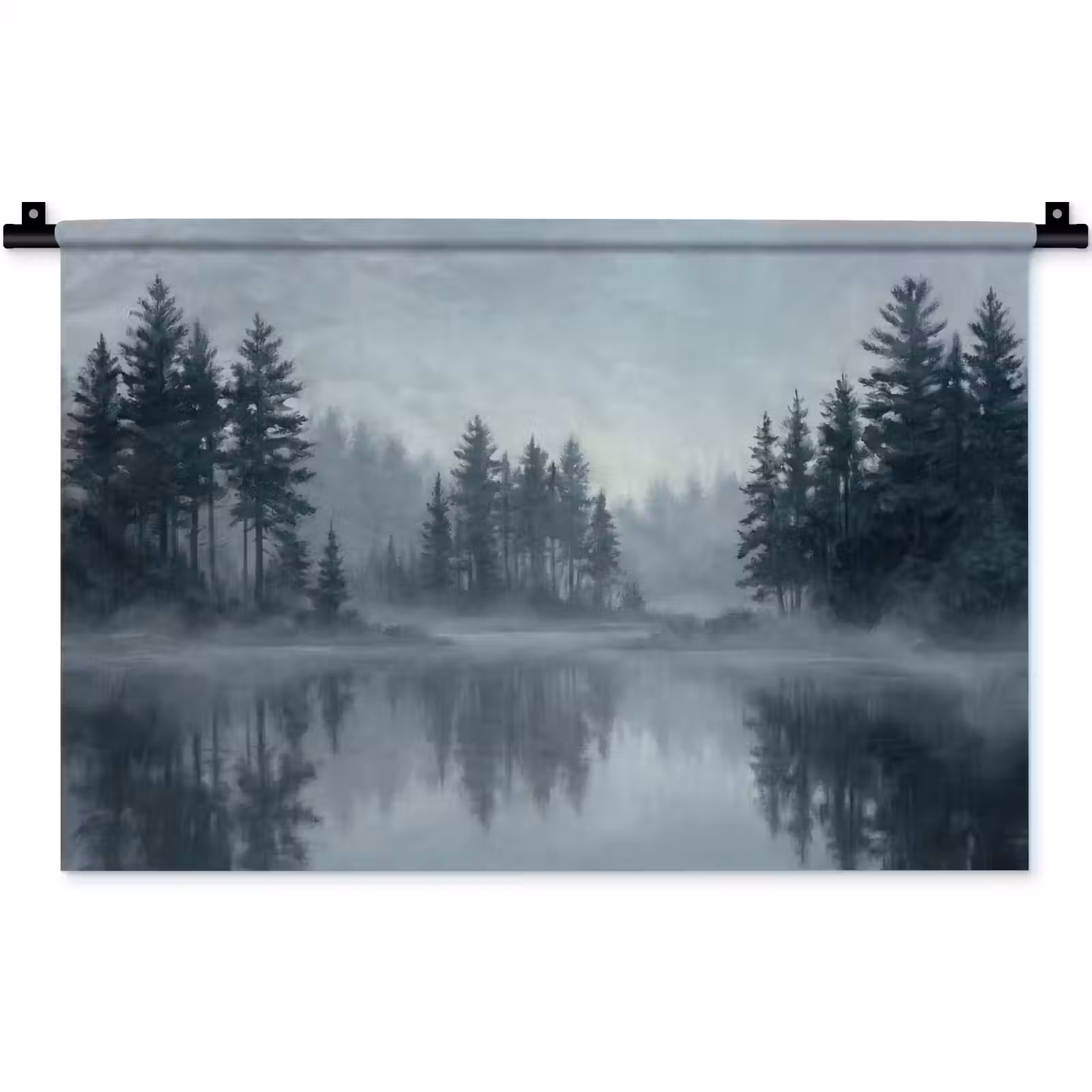 Wandkleed - Bos - Meer - Mist - Natuur - Grijs — 1
