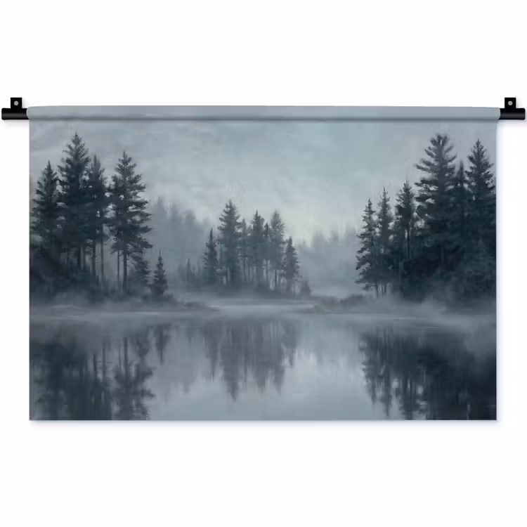 Wandkleed - Bos - Meer - Mist - Natuur - Grijs — 1