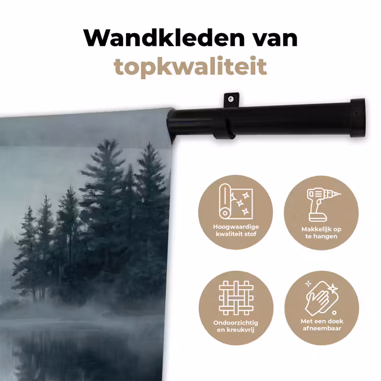 Wandkleed - Bos - Meer - Mist - Natuur - Grijs — 3