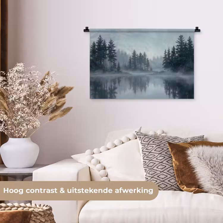 Wandkleed - Bos - Meer - Mist - Natuur - Grijs — 4