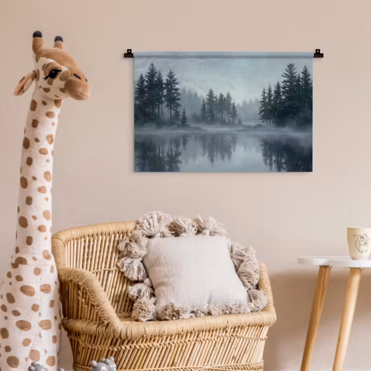 Wandkleed - Bos - Meer - Mist - Natuur - Grijs — 5