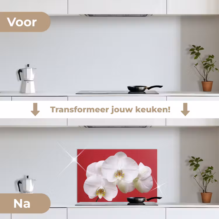 Spatscherm keuken - Witte orchidee op rood — 3