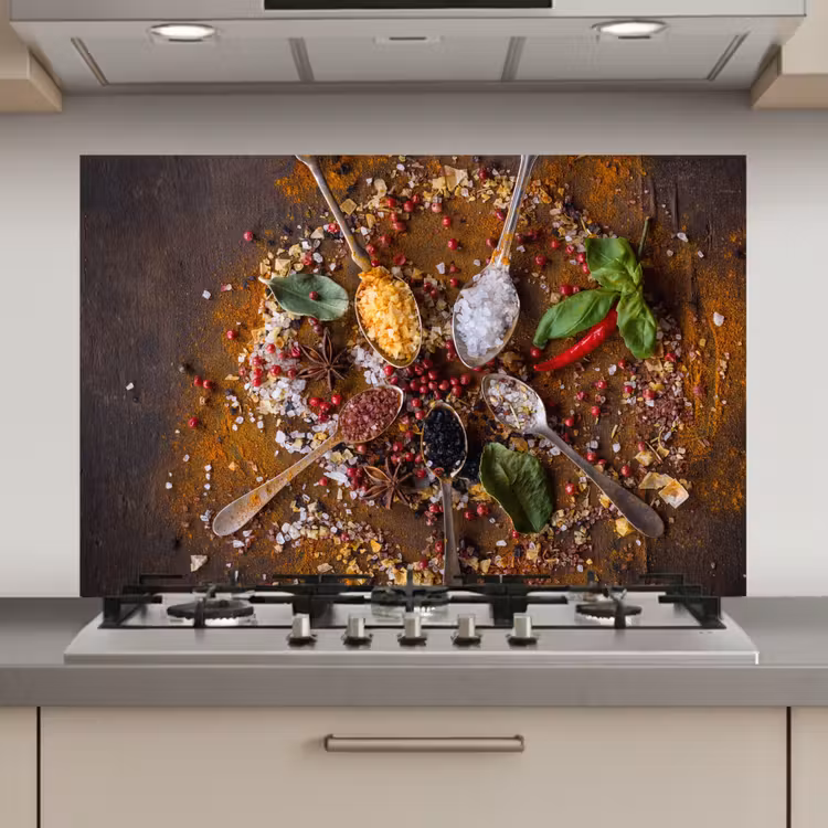 Spatscherm keuken - Specerijen - Kruiden - Lepels - Zout - Bruin - Keuken — 1