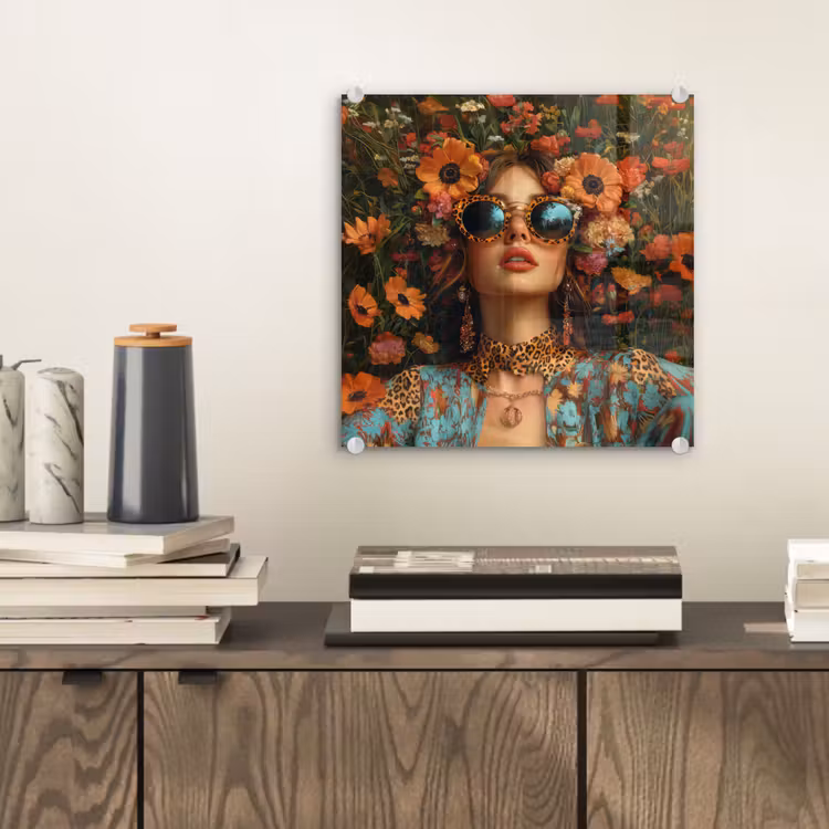 Glas schilderij - Vrouw met Zonnebril tussen Bloemen — 2