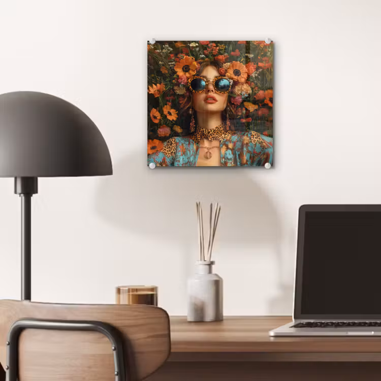 Glas schilderij - Vrouw met Zonnebril tussen Bloemen — 7