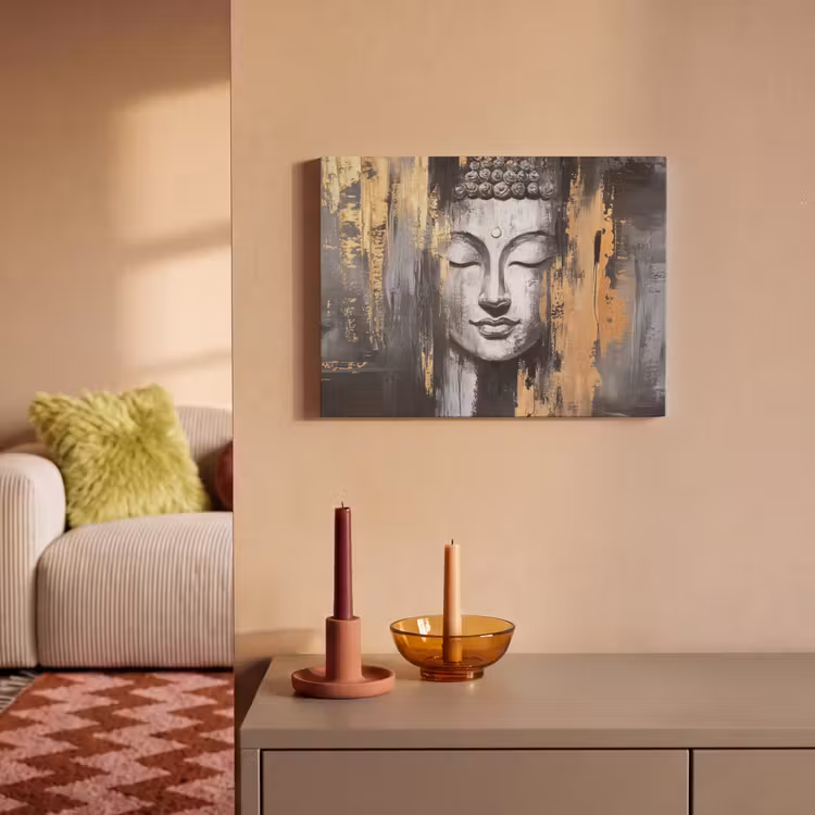 Akoestisch schilderij - Boedhha - Penseelstreken - Goud - Abstract — 2