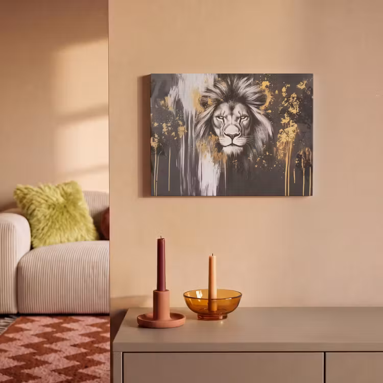 Akoestisch schilderij - Leeuw - Portret - Verfspatten - Grijs — 2