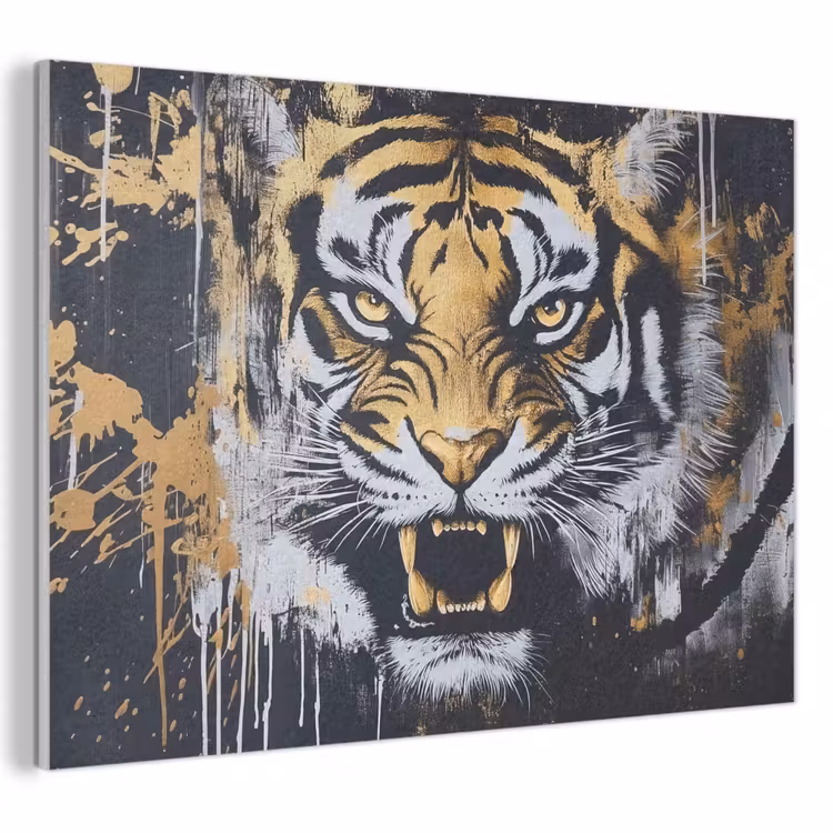 Akoestisch schilderij - Tijger - Verfspatten - Goud — 1