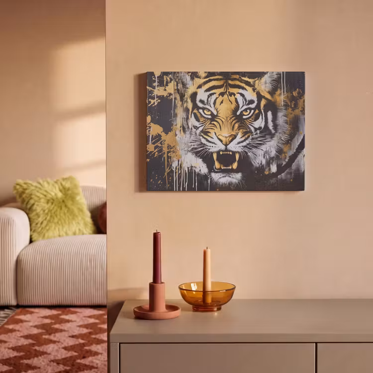Akoestisch schilderij - Tijger - Verfspatten - Goud — 2